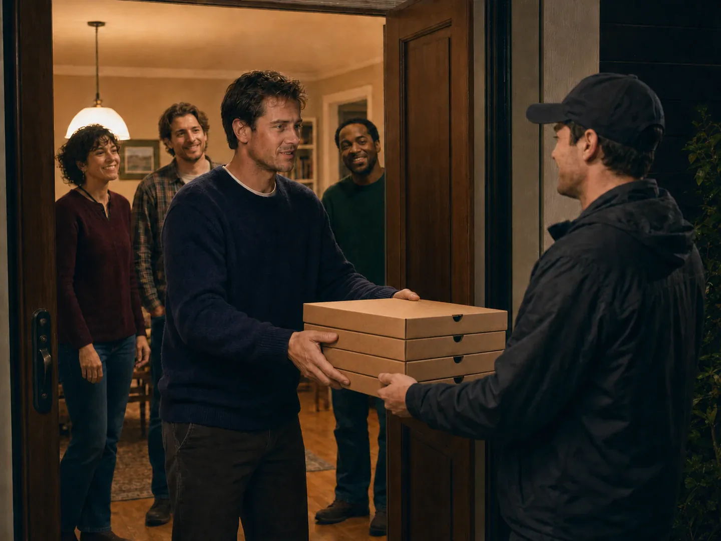 Illustration of four pizzas arriving for a group.