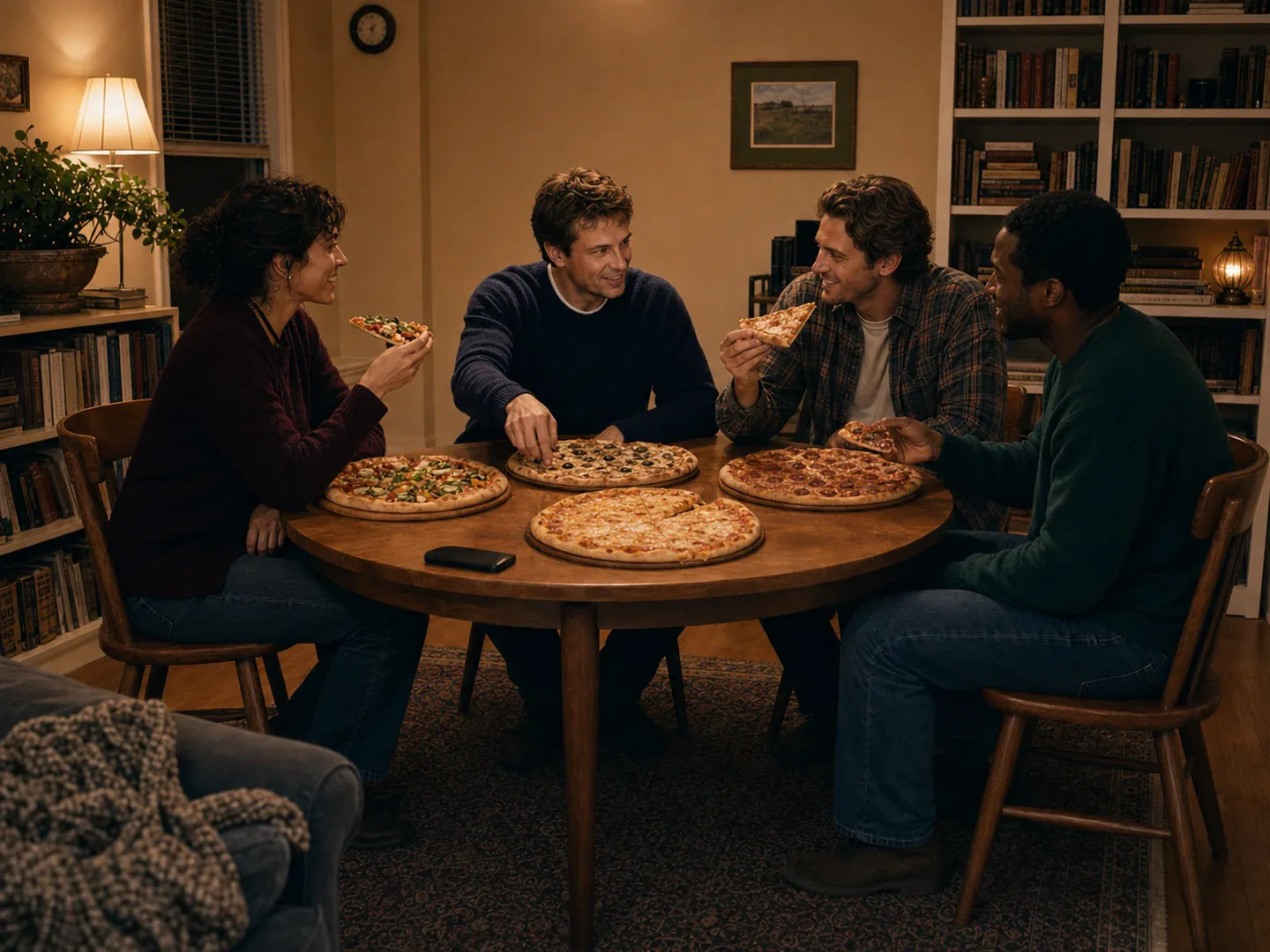 Illustration of a group sharing a personalised pizza outcome.