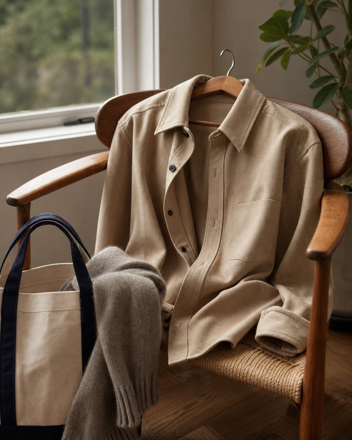 A sand overshirt packed for a weekend away