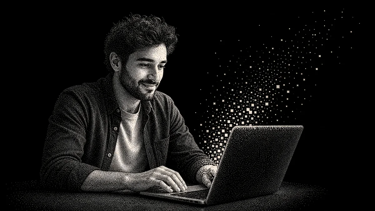 An e-commerce operator works on a laptop as a restrained field of digital signals rises from the screen