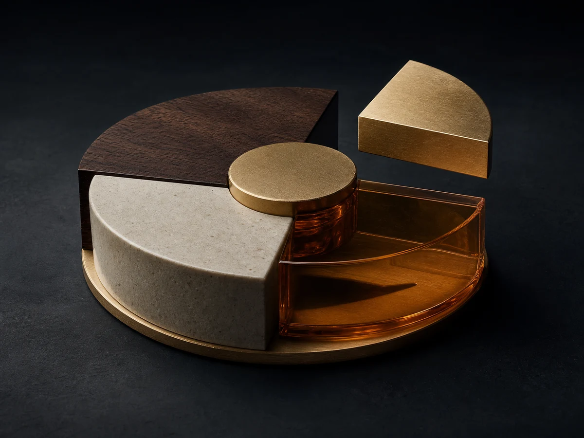 Distinct wood, stone, brass and glass modules combine into a shared circular structure