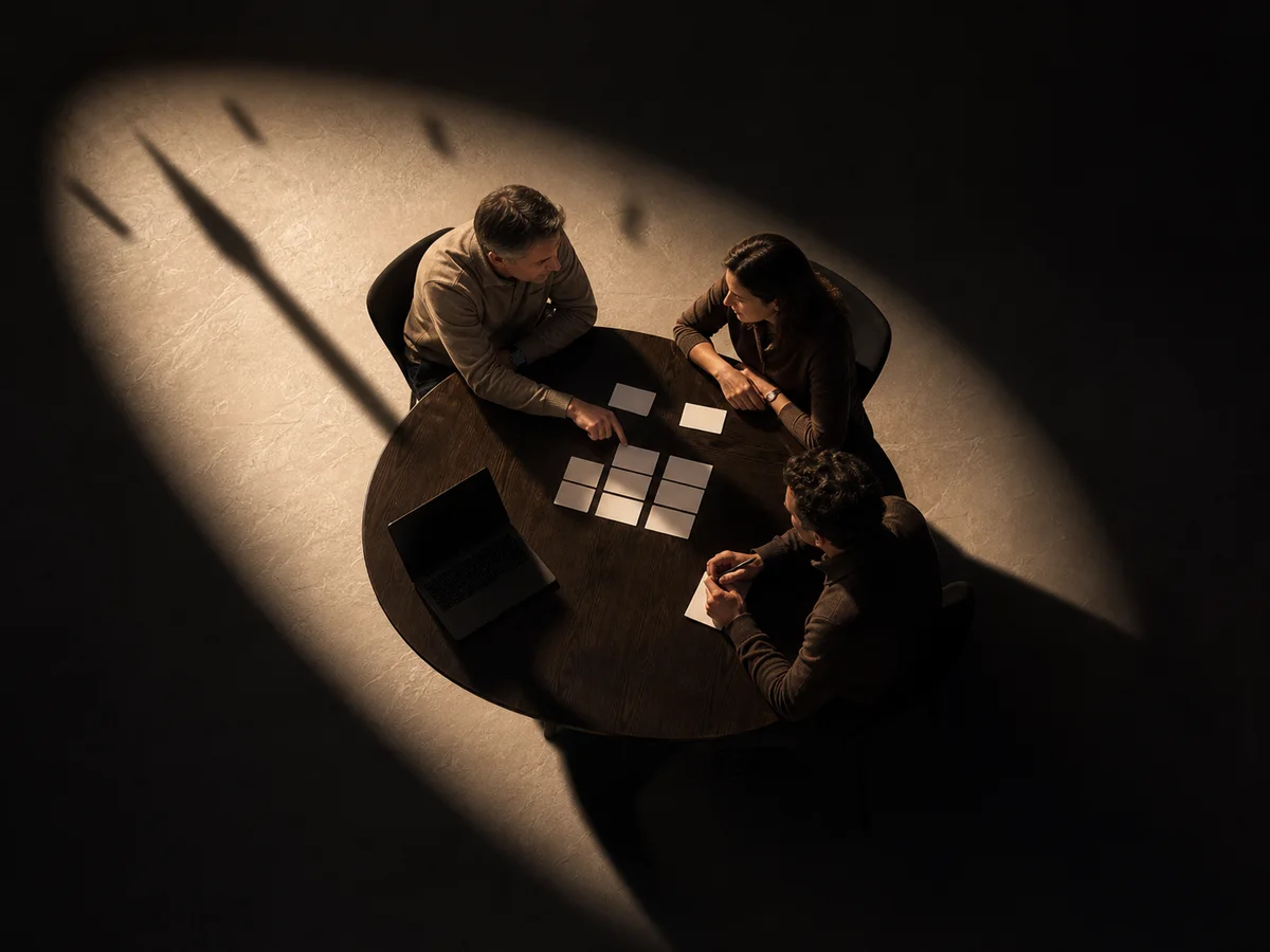 Three e-commerce operators review a shared decision as a clock-hand shadow approaches their table