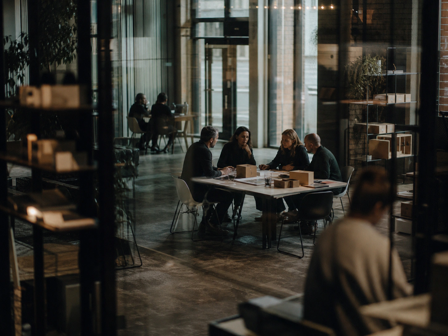 Illustrative editorial scene of owners and operators reviewing e-commerce products across a pulled-back private working room