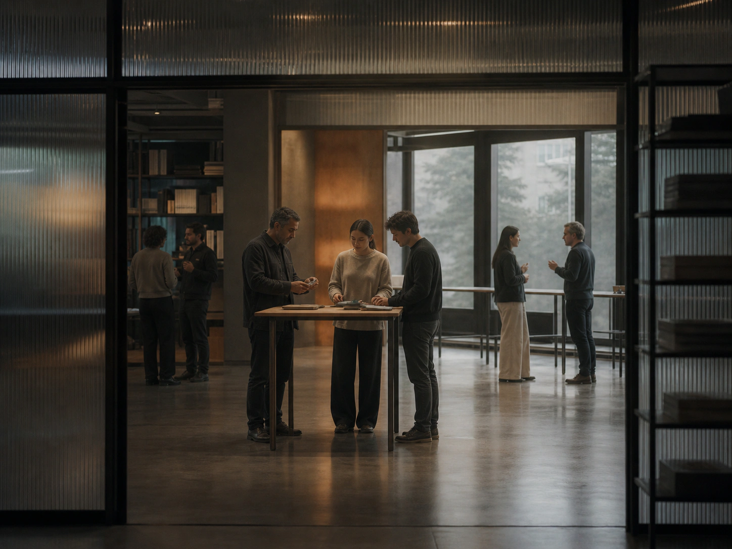 Illustrative editorial scene of a specialist and founders examining a product sample
