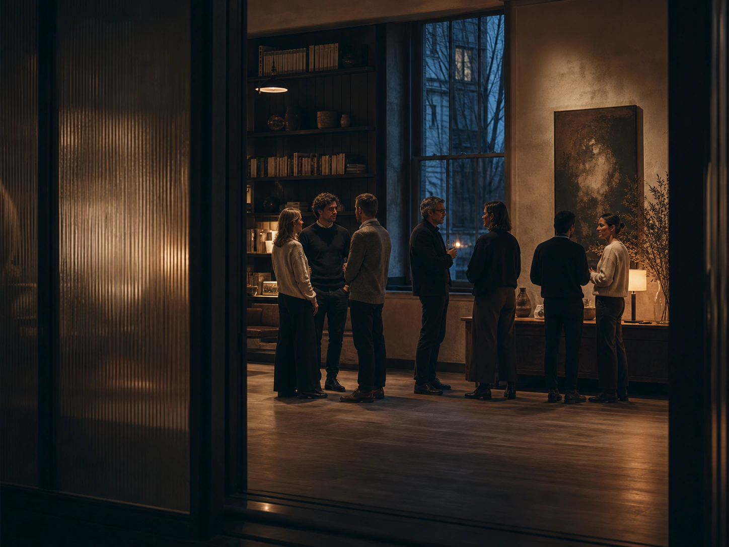 Illustrative editorial scene of experienced founders in quiet conversations inside an evening salon