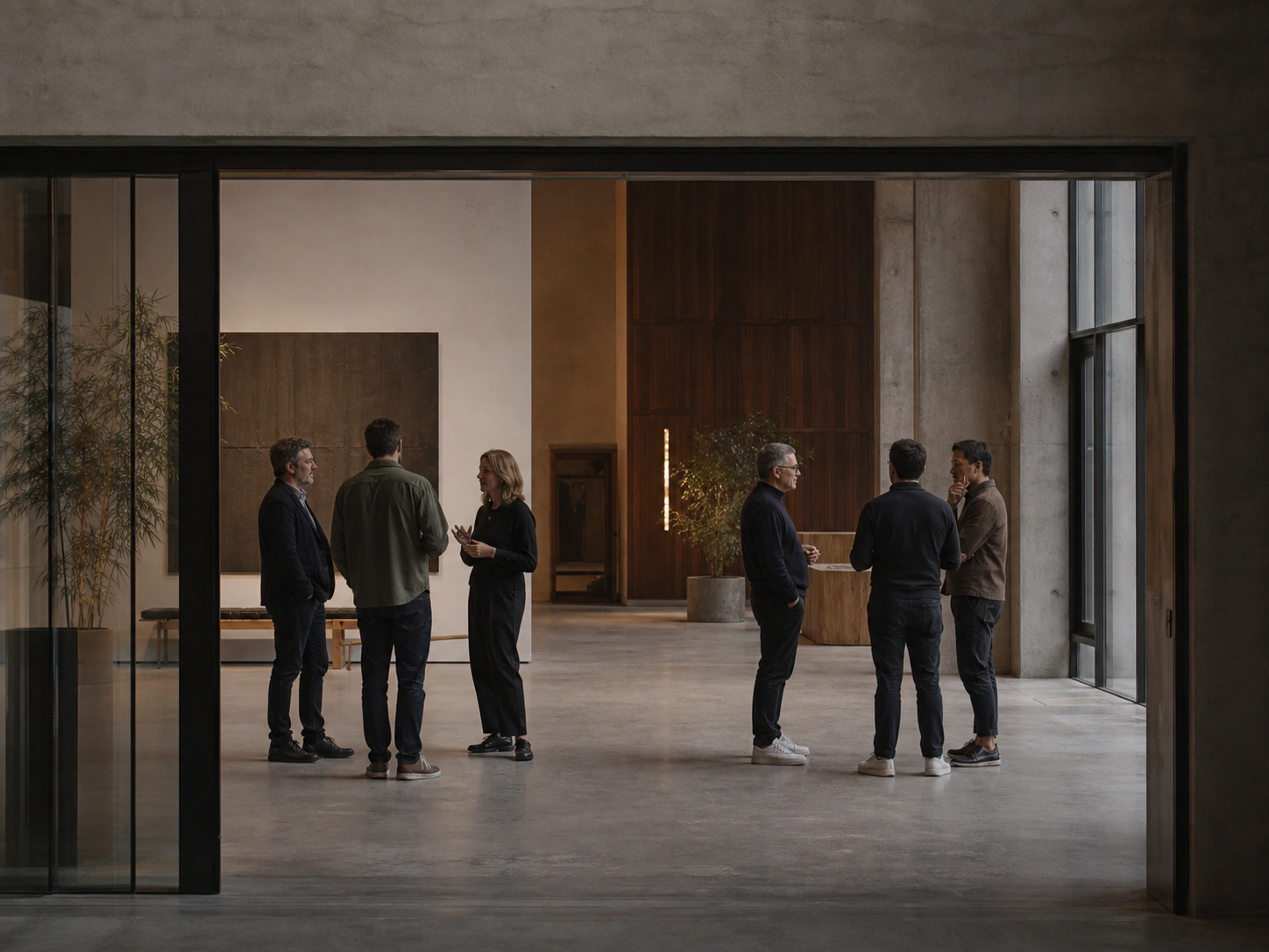 Illustrative editorial scene of independent e-commerce founders meeting relevant peers in a private room